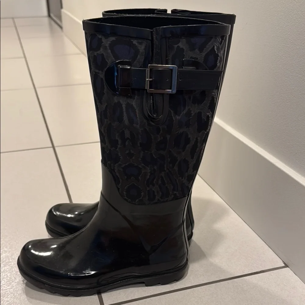 BCBGMaxAzria Black Winter Rain Boots Knee-High black so to animal print